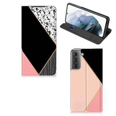 Samsung Galaxy S21 FE Stand Case Zwart Roze Vormen Samsung Galaxy S21 FE Stand Case Zwart Roze Vormen