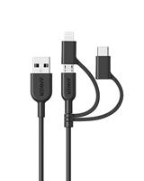 Anker Powerline II 3-in-1 kabel, 0,9 m lange lightning-/USB-C/micro-USB-kabel, voor de iPhone, iPad, LG, Galaxy, Xperia, Android mobiele telefoons en nog veel meer (zwart) - thumbnail