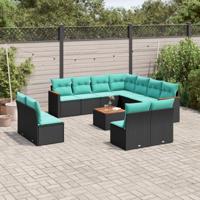 12-delige tuinbankset met kussens van zwart polyrotan - thumbnail