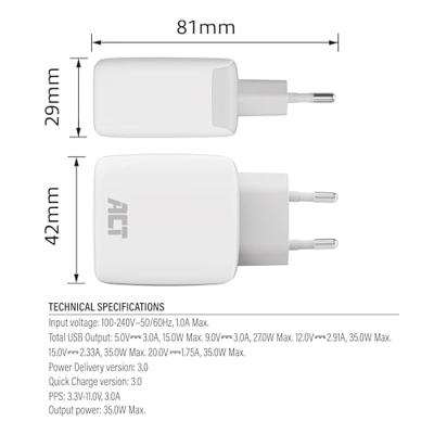 ACT Connectivity usb-c lader 35w met power delivery pps en ganfast (wit)