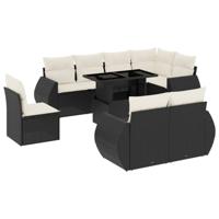 9-delige Loungeset met kussens poly rattan zwart - thumbnail