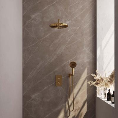 Regendoucheset Inbouw Brauer Gold Edition Thermostatisch 30 cm met 3-Weg Omstelling, Gebogen Wandarm en 3-Standen Handdouche Geborsteld Goud Brauer