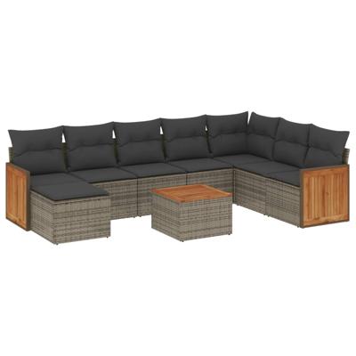8-delige Loungeset met kussens poly rattan grijs