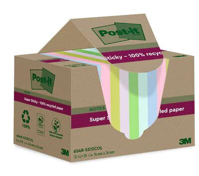 Post-it Super Sticky Notes Recycled, 70 vel, ft 76 x 76 mm, assorti, pak van 12 blokken Post-it Super Sticky Notes Recycled, 70 vel, ft 76 x 76 mm, assorti, pak van 12 blokken