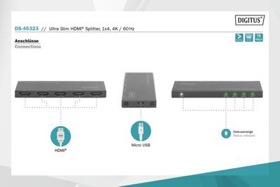 Digitus DS-45323 4 poorten HDMI-splitter LED-weergave, Met metalen behuizing, Ultra HD-geschikt 4096 x 2160 Pixel Zwart