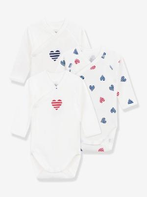 Set van 3 gekruiste body's van katoen voor baby's met gestreepte hartjes en lange mouwen PETIT BATEAU wit