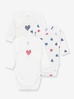 Set van 3 gekruiste body's van katoen voor baby's met gestreepte hartjes en lange mouwen PETIT BATEAU wit - thumbnail