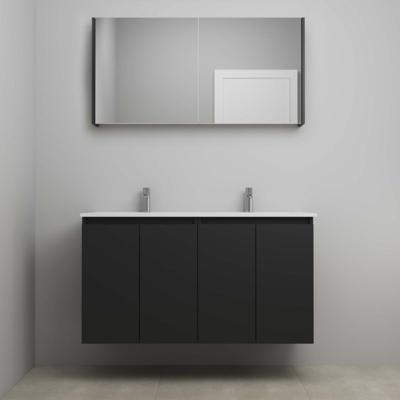 On-Line Badkamermeubelset - 120 cm - Voorgemonteerd - Greeploos 4 Deuren - Porseleinen Wastafel - 2 Kraangaten - Spiegelkast - Mat Zwart