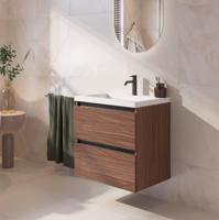 Saqu Gaia ondiep badmeubel incl. glans witte wastafel 60x40x64cm noten urban - zwarte greeplijst - thumbnail