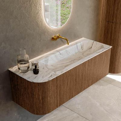 Mondiaz KURVE-DLUX 125 cm Onderkast Greeploos 1 Lade Met Deuren Walnut, Wastafel Solid Surface Rechts Glace 0 Kraangaten Zonder Spiegel (KRVBGM125L1L1D0KR-Wal/Gla)