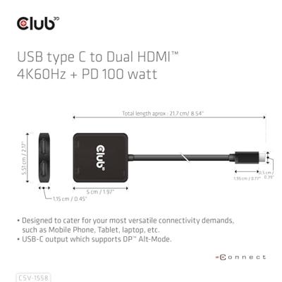 club3D CSV-1558 USB-C-displaykabel USB-C / HDMI Adapter USB-C stekker, HDMI-A-bus 15 cm Zwart