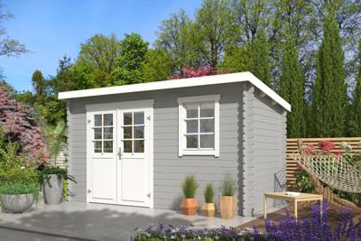 Outdoor Life Amira Blokhut 400x195 cm 28 mm vuren Platinum Grey-Wit gecoat- Lessenaarsdak- - Outdoor Life