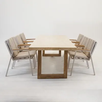 Tuintafel Veltis 250x100cm Travertin met 6x Stapelstoel Kunststof Leather Stoelen