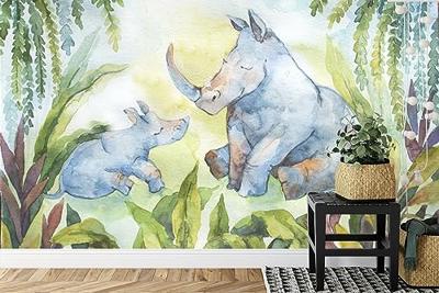 Fotobehang - Neushoorns voor in de Kinderkamer, te koop in 11 maten, incl behanglijm