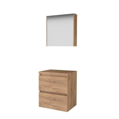 Basic-Line Comfort 46 Badkamermeubelset - 60 x 46 cm - Greeploos - 2 Lades - Wastafelblad - Spiegelkast - Whisky Oak