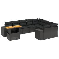 10-delige Loungeset met kussens poly rattan zwart - thumbnail