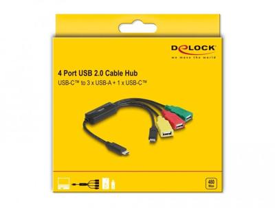 Delock 64203 4-poorts USB 2.0-kabelhub USB Type-C naar 3 x USB-A female + 1 x USB-C male