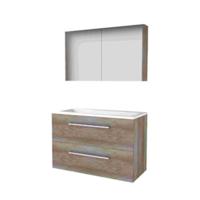 Basic-Line Comfort 46 Badkamermeubelset - 100 x 46 cm - Met Grepen - 2 Lades - Acryl Wastafel - 1 Kraangat - Spiegelkast - Scotch Oak - thumbnail