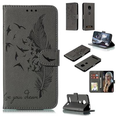 Feather patroon Litchi textuur horizontale Flip lederen draagtas met portemonnee & houder & kaartsleuven voor Motorola Moto Z4 Play (grijs)