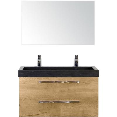 Seville Badmeubelset 100 cm - Natuur Eiken - Wastafel Hardsteen Wit Lucca 2 Kraangaten met Spiegel