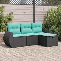4-delige Loungeset met kussens poly rattan zwart - thumbnail
