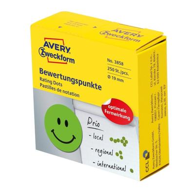 Avery rating dots, diameter 19 mm, rol met 250 stuks, smiley, groen