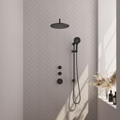 Black Carving thermostatische inbouw regendouche SET 22 - 30 cm douchekop en gebogen muurarm - 3-standen handdouche - doucheslang - geïntegreerde glijstang mat zwart