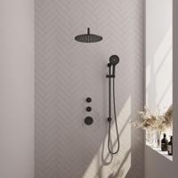 Black Carving thermostatische inbouw regendouche SET 22 - 30 cm douchekop en gebogen muurarm - 3-standen handdouche - doucheslang - geïntegreerde glijstang mat zwart - thumbnail