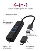 ICY BOX IB-HUB1419-LAN, USB 3.2 Gen 1 HUB und LAN Adapter, Type-A+C zu 3x USB 3.2 Gen 1 USB 3.2 Gen 1-hub 4 poorten Via PC bedienbaar Zwart - thumbnail