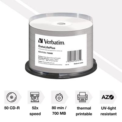 Verbatim CD-R 700MB - 52x brandsnelheid, Thermisch bedrukbaar, DataLifePlus, 50 Pack Spindle