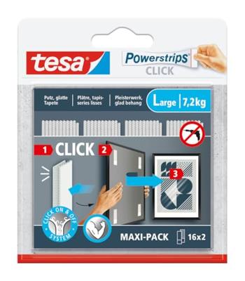 tesa Powerstrips CLICK Large 16x 2 stuks (l x b) 85 mm x 20 mm Inhoud: 16 paar tesa Powerstrips CLICK Large 16x 2 stuks (l x b) 85 mm x 20 mm Inhoud: 16 paar