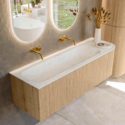 Mondiaz KURVE-DLUX 145 cm Onderkast Greeploos 1 Lade Met Deuren Oak, Wastafel Solid Surface Links Opalo 0 Kraangaten Zonder Spiegel (KRVBGL145R1L1D0KL-Oak/Opa)