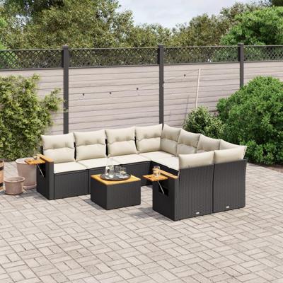 9-delige Loungeset met kussens poly rattan zwart