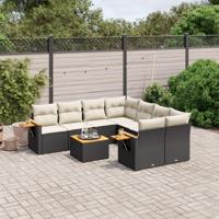 9-delige Loungeset met kussens poly rattan zwart - thumbnail