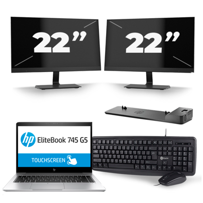HP EliteBook 745 G5 - AMD Ryzen 5 2500U - 14 inch - 8GB RAM - 256GB SSD - Windows 10 + 2x 22 inch Monitor
