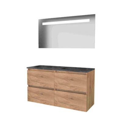 Basic-Line Economic 46 Badkamermeubelset - 120 x 46 cm - Greeploos - 4 Lades - Hardstenen Wastafel - 2 Kraangaten - Spiegel met LED Verlichting - Whisky Oak