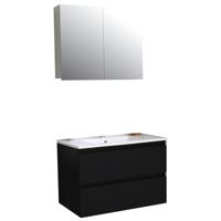 Badkamermeubel BWS Pepper Wastafel Porselein Incl Spiegelkast 2 Deurs Met 1 Krg 80x55x46 cm Mat Zwart - thumbnail