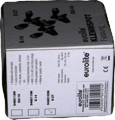 Eurolite 9460120N Lampfitting-adapter E27 230 V 60 W Met klembevestiging, Met eurostekker, Met wipschakelaar