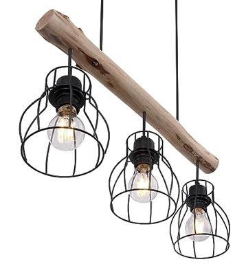 Globo HanglampMina zwart met hout 3-lichts - 15326-3N
