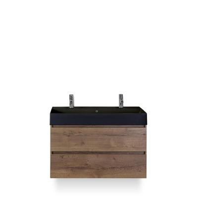 Maxx XL Badmeubelset 100 cm - Tabacco - Wastafel Kube Zwart 2 kraangaten