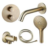 Fortifura Calvi Badkraan set - uitloop - 22cm inkortbaar - rond bedieningspaneel - gladde slang - ronde handdouche - inbouwdeel - wandhouder - geborsteld messing SW720569/SW728176/SW799451/SW1122513/SW720570/SW11 - thumbnail