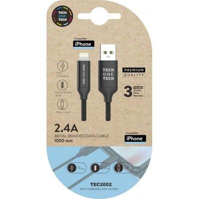 USB-kabel 2.4 tech one tech gevlochten nylon type USB Apple Micro USB lengte 1 m zwart