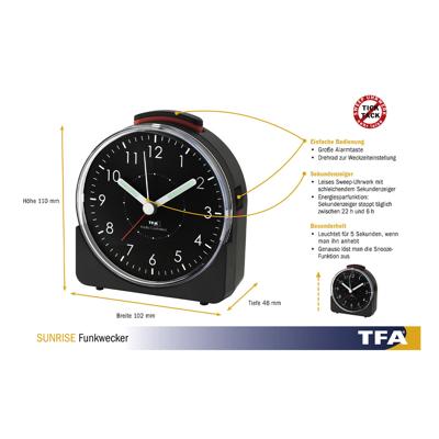 TFA Dostmann 60.1513.01 Wekker Zendergestuurd Zwart Fluorescerende Wijzers