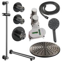 Regendoucheset Inbouw Brauer Gunmetal Carving Thermostatisch 30 cm met Wandarm, Glijstang en Handdouche 3-Standen Losse Stopkranen Geborsteld Gunmetal - thumbnail
