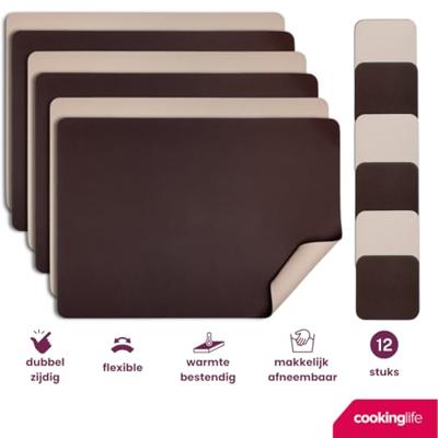 Cookinglife 6 Placemats + 6 Onderzetters - Dubbelzijdig - Vegan leer - Bruin / Zand