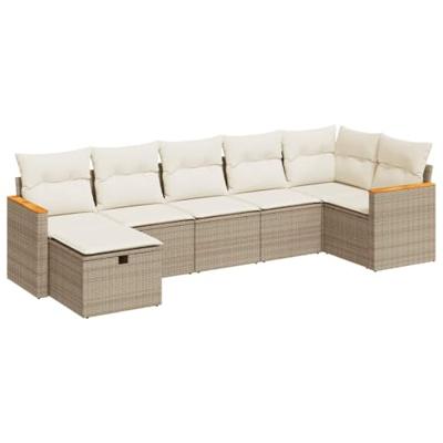 7-delige Loungeset met kussens poly rattan beige