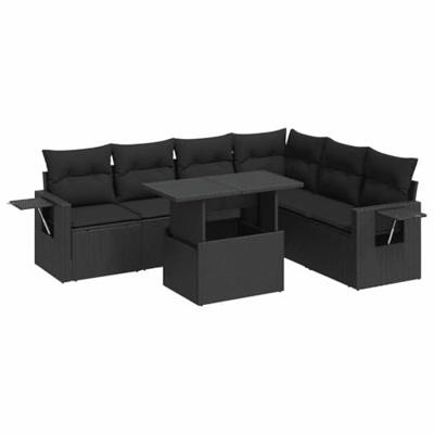 7-delige Loungeset met kussens poly rattan zwart