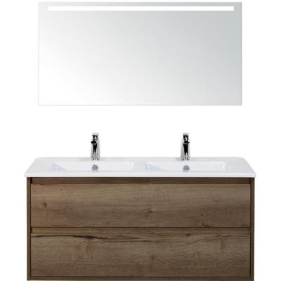 Porto Badmeubelset 120 cm - 2 Laden Tabacco - Keramische Wastafel Wit Slim met Sence Spiegel