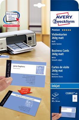 Avery-Zweckform C32015-10 Bedrukbare visitekaarten, gladde kant 85 x 54 mm Wit 80 stuk(s) Papierformaat: DIN A4 Avery-Zweckform C32015-10 Bedrukbare visitekaarten, gladde kant 85 x 54 mm Wit 80 stuk(s) Papierformaat: DIN A4