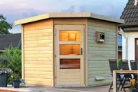 Karibu | Heikki Buitensauna Terragrijs | Klassieke Deur | Biokachel 9 kW Externe Bediening - thumbnail